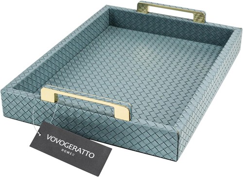 Blue leather serving tray gold - tray,